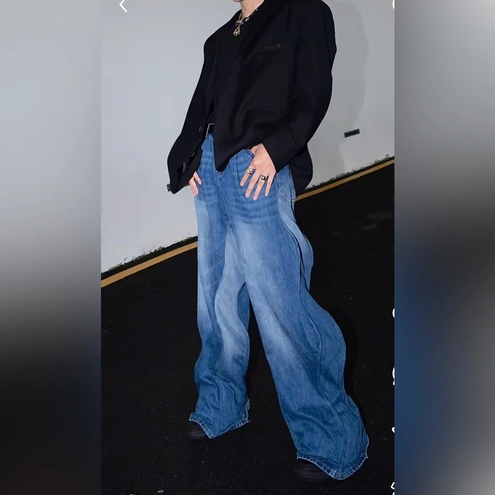 Men Trendy Wide Leg Wave‎ Design Jeans Influencer & Celebrity Inspired High Rise